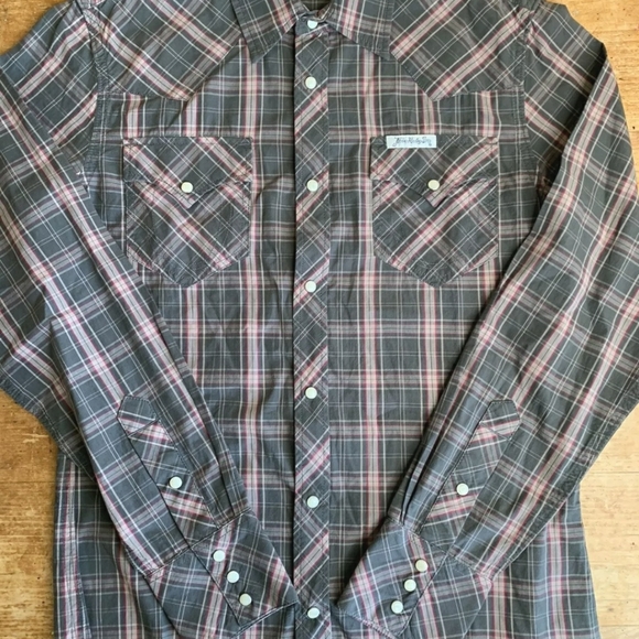 True Religion Brown Plaid Western Pearl Snap Size Large Long Sleeve Shirt B70 - Picture 2 of 4